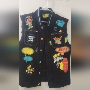 Blac Leaf Black Graphic Patch Vest, Denim, Size‎ Large.